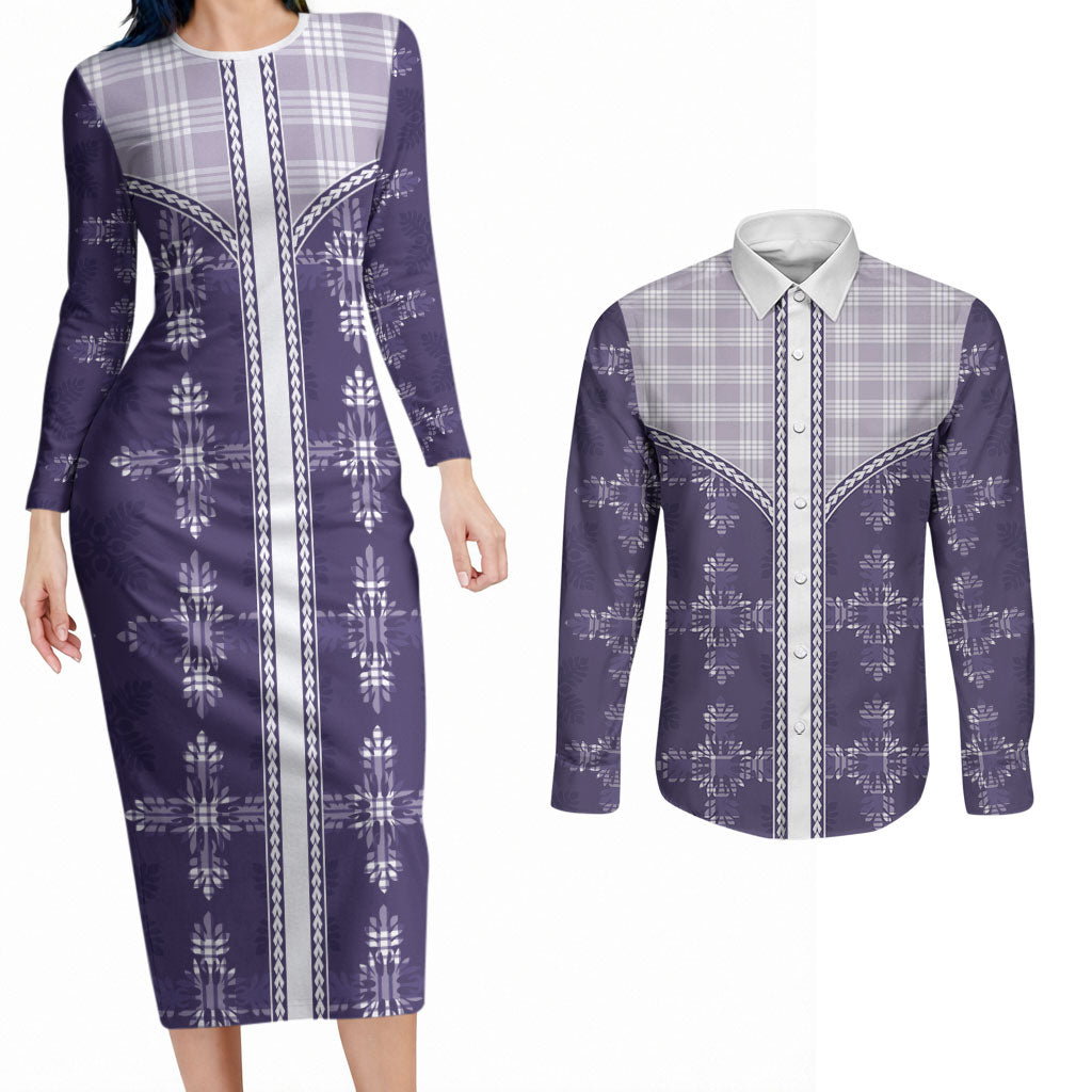Purple Hawaii Paniolo Quilt Motif Couples Matching Long Sleeve Bodycon Dress and Long Sleeve Button Shirt LT05 Purple - Polynesian Pride