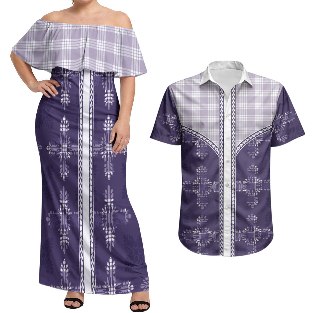 Purple Hawaii Paniolo Quilt Motif Couples Matching Off Shoulder Maxi Dress and Hawaiian Shirt LT05 Purple - Polynesian Pride