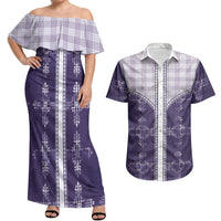 Purple Hawaii Paniolo Quilt Motif Couples Matching Off Shoulder Maxi Dress and Hawaiian Shirt LT05 Purple - Polynesian Pride