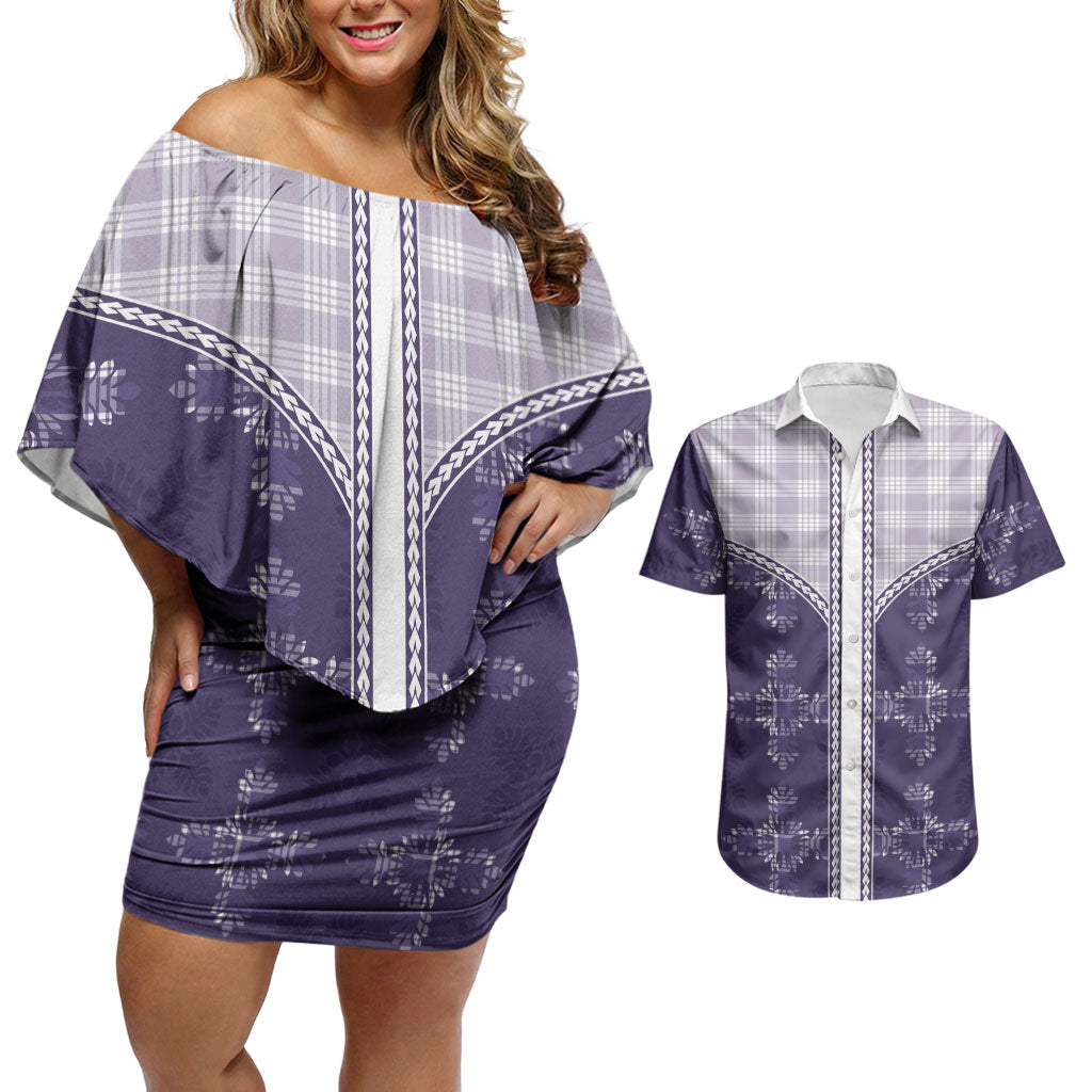 Purple Hawaii Paniolo Quilt Motif Couples Matching Off Shoulder Short Dress and Hawaiian Shirt LT05 Purple - Polynesian Pride