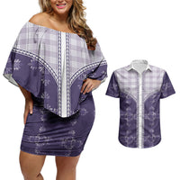 Purple Hawaii Paniolo Quilt Motif Couples Matching Off Shoulder Short Dress and Hawaiian Shirt LT05 Purple - Polynesian Pride