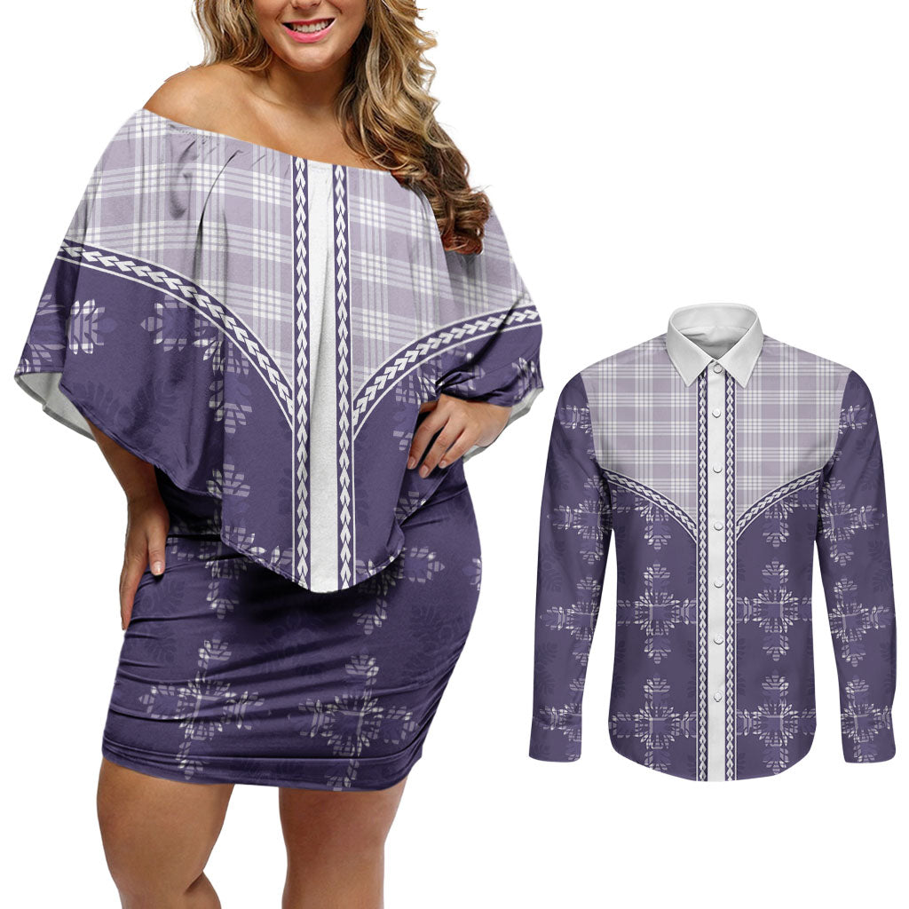 Purple Hawaii Paniolo Quilt Motif Couples Matching Off Shoulder Short Dress and Long Sleeve Button Shirt LT05 Purple - Polynesian Pride