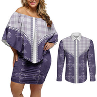 Purple Hawaii Paniolo Quilt Motif Couples Matching Off Shoulder Short Dress and Long Sleeve Button Shirt LT05 Purple - Polynesian Pride