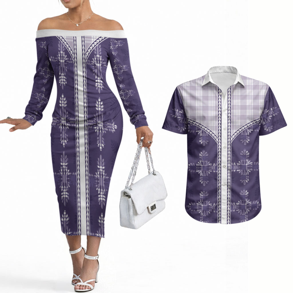 Purple Hawaii Paniolo Quilt Motif Couples Matching Off The Shoulder Long Sleeve Dress and Hawaiian Shirt LT05 Purple - Polynesian Pride