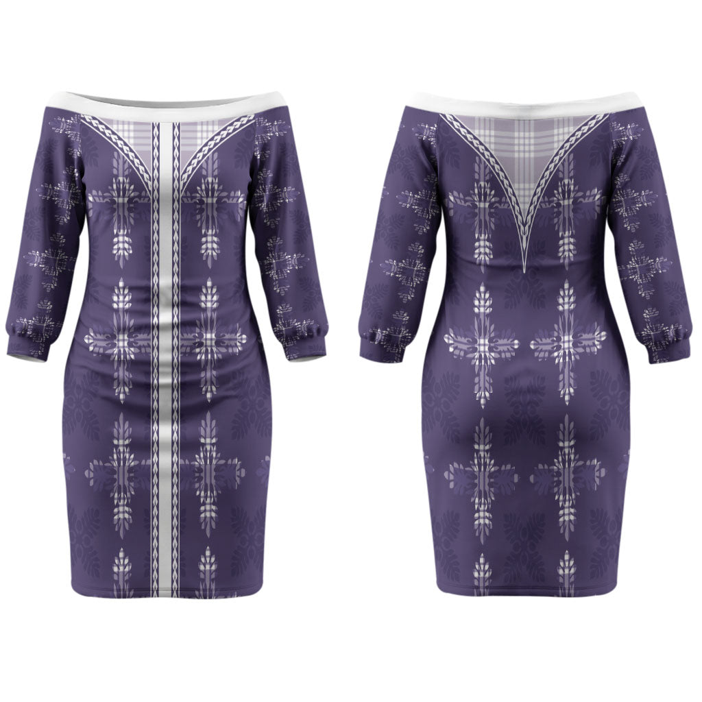 Purple Hawaii Paniolo Quilt Motif Couples Matching Off The Shoulder Long Sleeve Dress and Hawaiian Shirt LT05 - Polynesian Pride