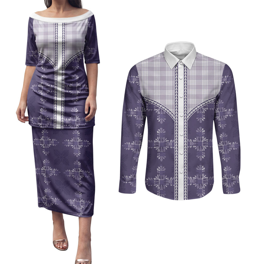 Purple Hawaii Paniolo Quilt Motif Couples Matching Puletasi and Long Sleeve Button Shirt LT05 Purple - Polynesian Pride