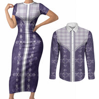 Purple Hawaii Paniolo Quilt Motif Couples Matching Short Sleeve Bodycon Dress and Long Sleeve Button Shirt LT05 Purple - Polynesian Pride