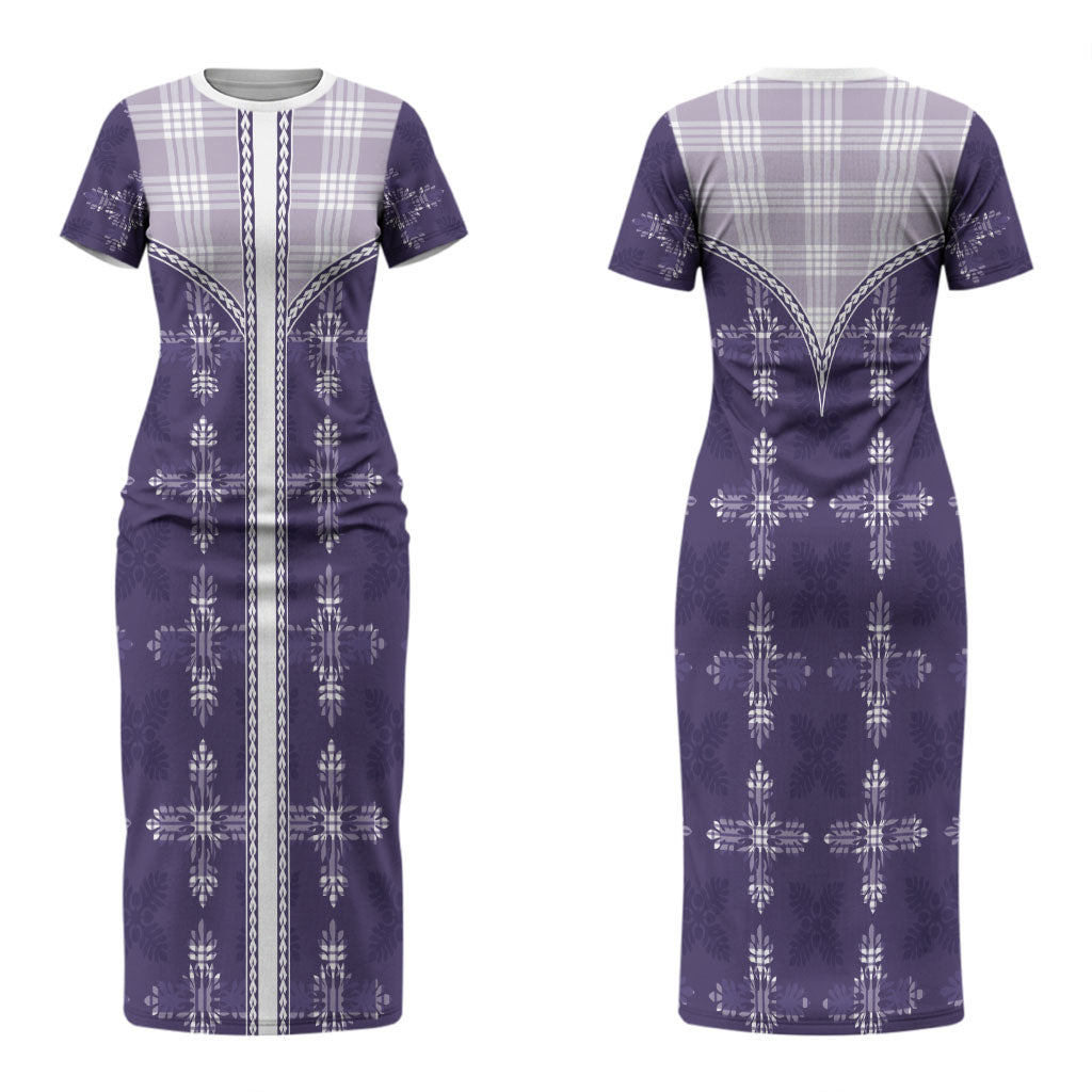 Purple Hawaii Paniolo Quilt Motif Couples Matching Short Sleeve Bodycon Dress and Long Sleeve Button Shirt LT05 - Polynesian Pride