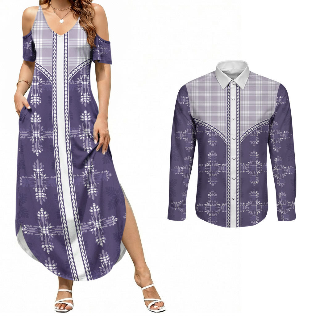Purple Hawaii Paniolo Quilt Motif Couples Matching Summer Maxi Dress and Long Sleeve Button Shirt LT05 Purple - Polynesian Pride