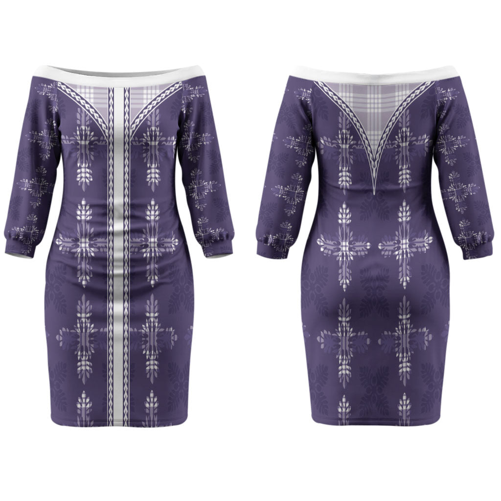 Purple Hawaii Paniolo Quilt Motif Family Matching Off The Shoulder Long Sleeve Dress and Hawaiian Shirt LT05 Mom's Dress Purple - Polynesian Pride