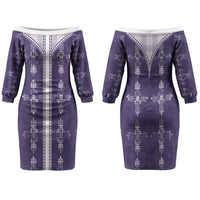 Purple Hawaii Paniolo Quilt Motif Family Matching Off The Shoulder Long Sleeve Dress and Hawaiian Shirt LT05 Mom's Dress Purple - Polynesian Pride