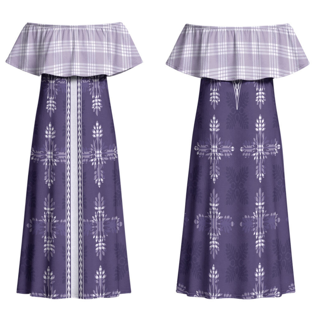 Purple Hawaii Paniolo Quilt Motif Family Matching Off Shoulder Maxi Dress and Hawaiian Shirt LT05 Mom's Dress Purple - Polynesian Pride