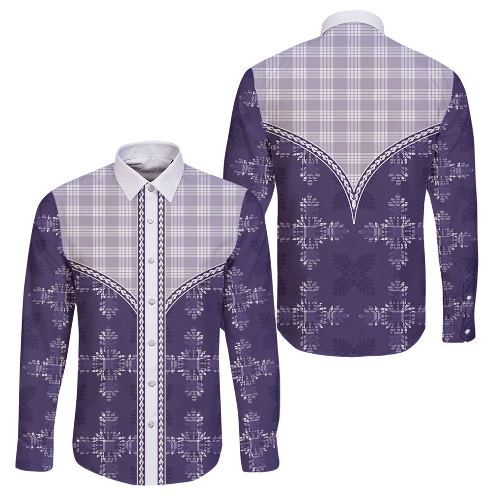 Purple Hawaii Paniolo Quilt Motif Family Matching Off Shoulder Maxi Dress and Hawaiian Shirt LT05 Dad's Shirt - Long Sleeve Purple - Polynesian Pride