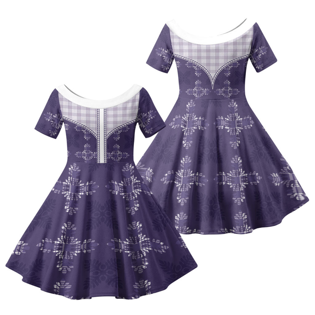 Purple Hawaii Paniolo Quilt Motif Family Matching Off Shoulder Maxi Dress and Hawaiian Shirt LT05 Daughter's Dress Purple - Polynesian Pride