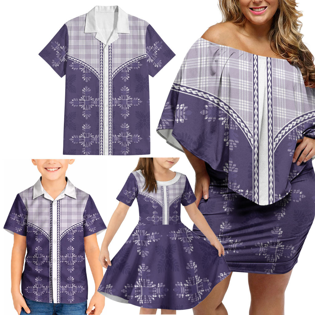 Purple Hawaii Paniolo Quilt Motif Family Matching Off Shoulder Short Dress and Hawaiian Shirt LT05 - Polynesian Pride