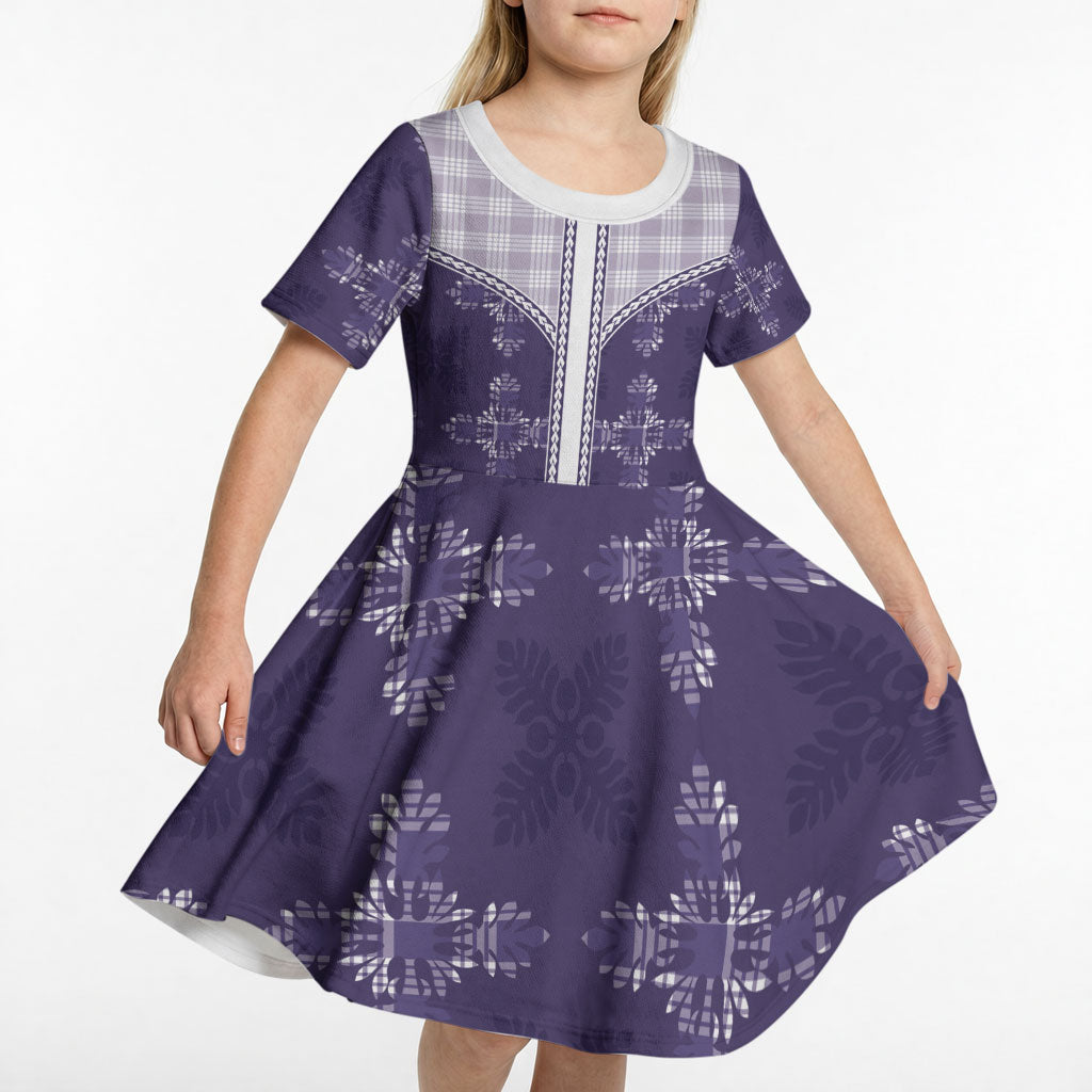 Purple Hawaii Paniolo Quilt Motif Kid Short Sleeve Dress LT05 - Polynesian Pride
