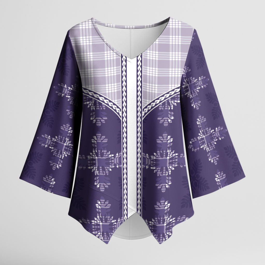 Purple Hawaii Paniolo Quilt Motif Kimono Sleeve Blouse LT05 Female Purple - Polynesian Pride