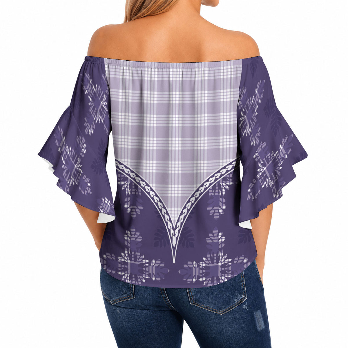 Purple Hawaii Paniolo Quilt Motif Off Shoulder Wrap Waist Top LT05 - Polynesian Pride