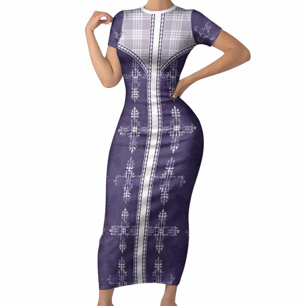 Purple Hawaii Paniolo Quilt Motif Short Sleeve Bodycon Dress LT05 Long Dress Purple - Polynesian Pride