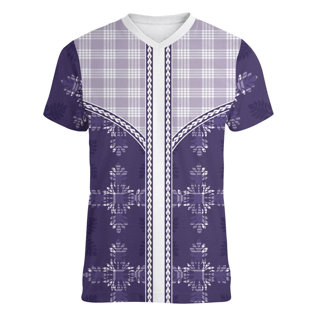 Purple Hawaii Paniolo Quilt Motif Women V-Neck T-Shirt LT05 Female Purple - Polynesian Pride