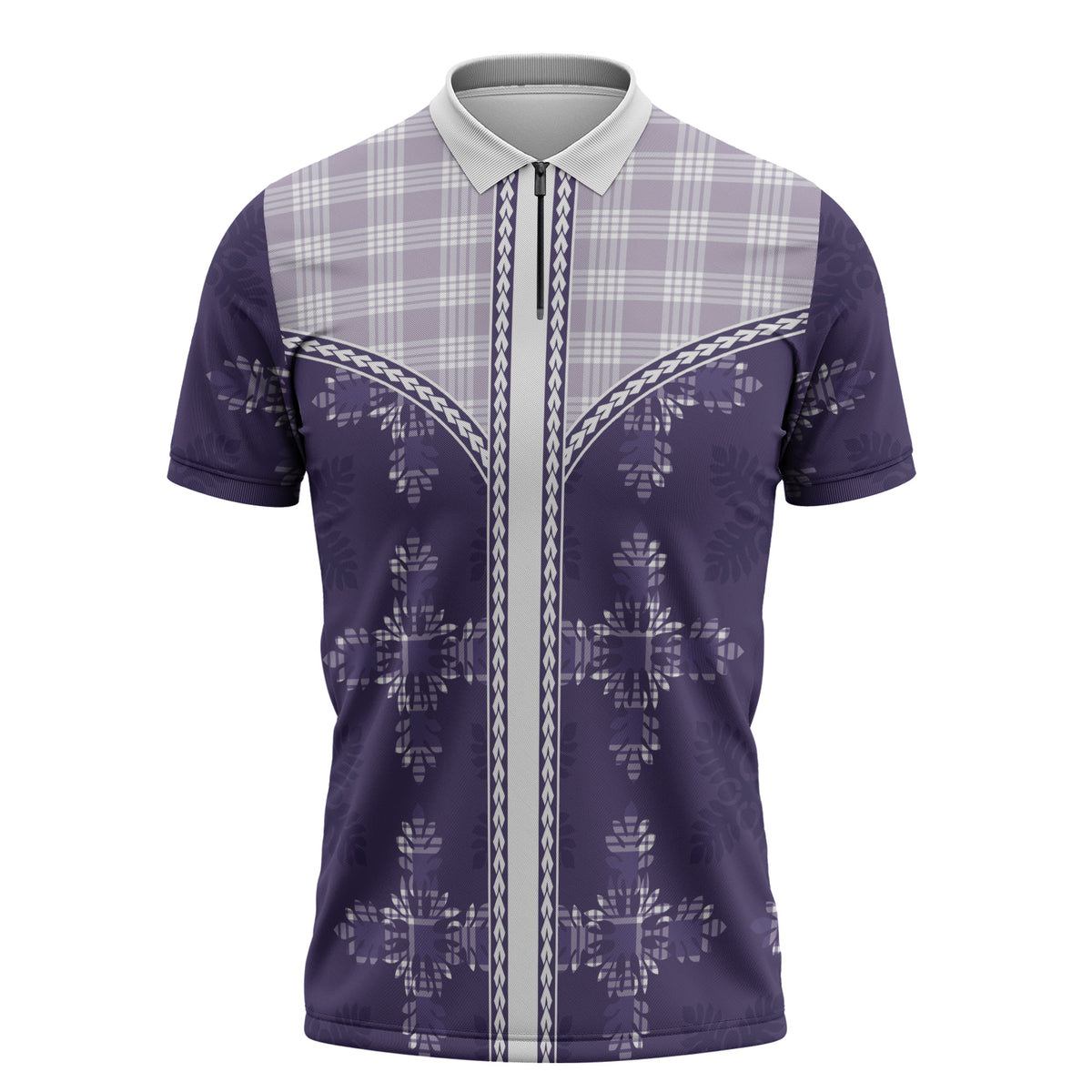 Purple Hawaii Paniolo Quilt Motif Zipper Polo Shirt LT05 Purple - Polynesian Pride