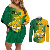 Papua New Guinea Enga Province Couples Matching Off Shoulder Short Dress and Long Sleeve Button Shirts Mix Coat Of Arms Polynesian Pattern LT05 Green - Polynesian Pride