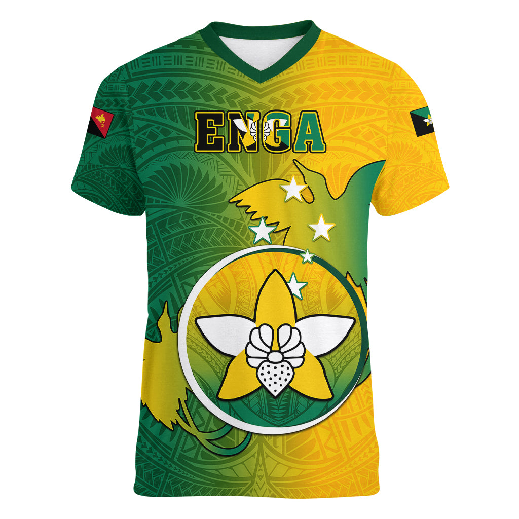 Papua New Guinea Enga Province Women V Neck T Shirt Mix Coat Of Arms Polynesian Pattern LT05 Female Green - Polynesian Pride