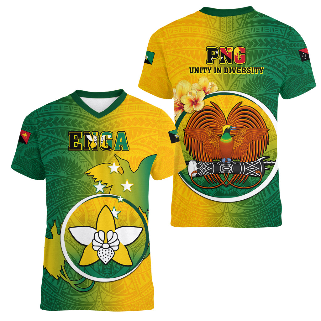 Papua New Guinea Enga Province Women V Neck T Shirt Mix Coat Of Arms Polynesian Pattern LT05 - Polynesian Pride