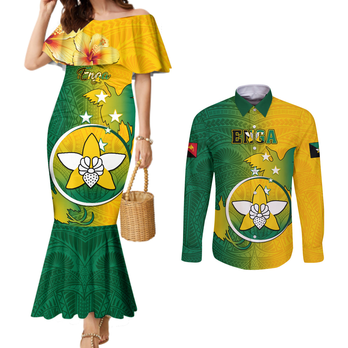 Personalized Papua New Guinea Enga Province Couples Matching Mermaid Dress and Long Sleeve Button Shirts Mix Coat Of Arms Polynesian Pattern LT05 Green - Polynesian Pride