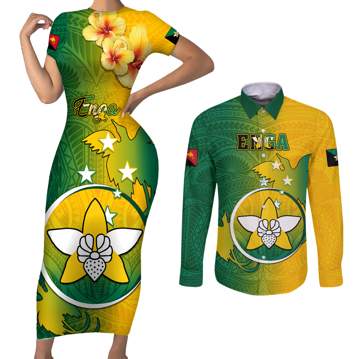 Personalized Papua New Guinea Enga Province Couples Matching Short Sleeve Bodycon Dress and Long Sleeve Button Shirts Mix Coat Of Arms Polynesian Pattern LT05 Green - Polynesian Pride