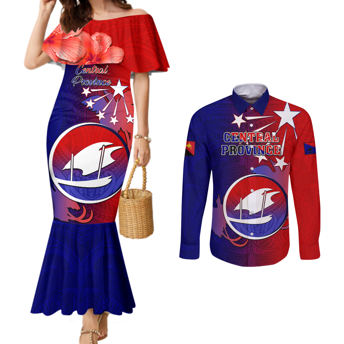 Papua New Guinea Central Province Couples Matching Mermaid Dress and Long Sleeve Button Shirts Mix Coat Of Arms Polynesian Pattern LT05 Blue - Polynesian Pride
