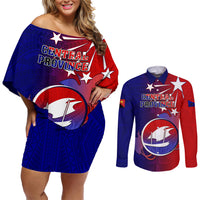 Papua New Guinea Central Province Couples Matching Off Shoulder Short Dress and Long Sleeve Button Shirts Mix Coat Of Arms Polynesian Pattern LT05 Blue - Polynesian Pride