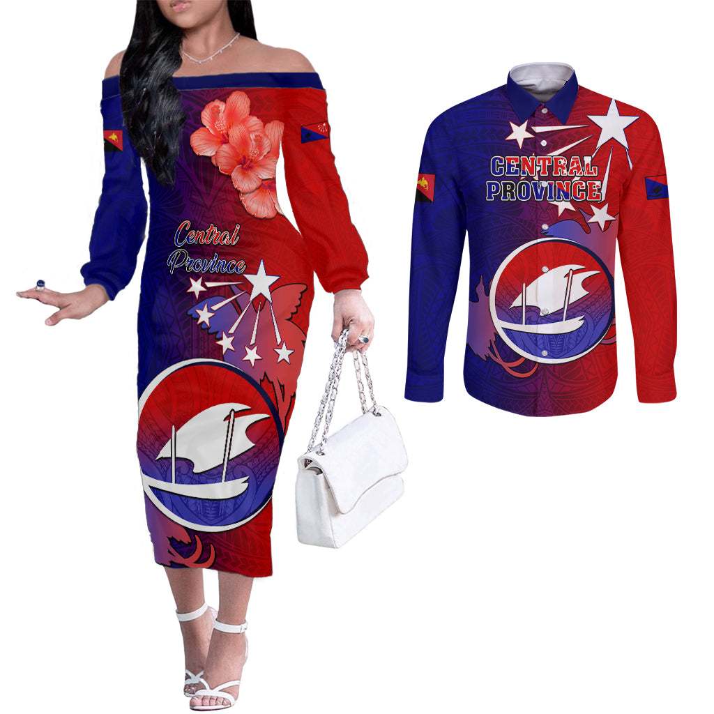 Papua New Guinea Central Province Couples Matching Off The Shoulder Long Sleeve Dress and Long Sleeve Button Shirts Mix Coat Of Arms Polynesian Pattern LT05 Blue - Polynesian Pride