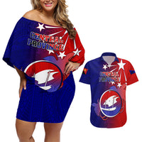 Personalized Papua New Guinea Central Province Couples Matching Off Shoulder Short Dress and Hawaiian Shirt Mix Coat Of Arms Polynesian Pattern LT05 Blue - Polynesian Pride