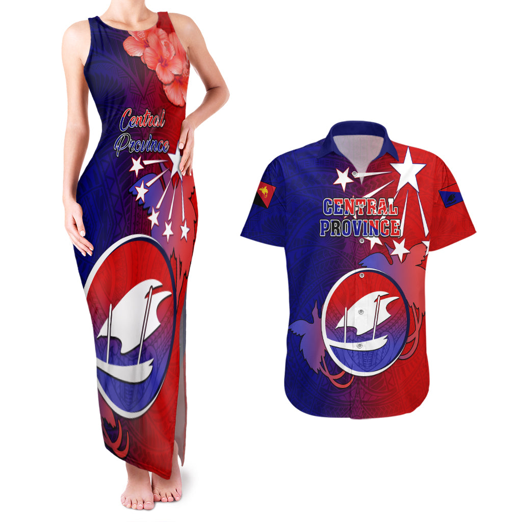 Personalized Papua New Guinea Central Province Couples Matching Tank Maxi Dress and Hawaiian Shirt Mix Coat Of Arms Polynesian Pattern LT05 Blue - Polynesian Pride