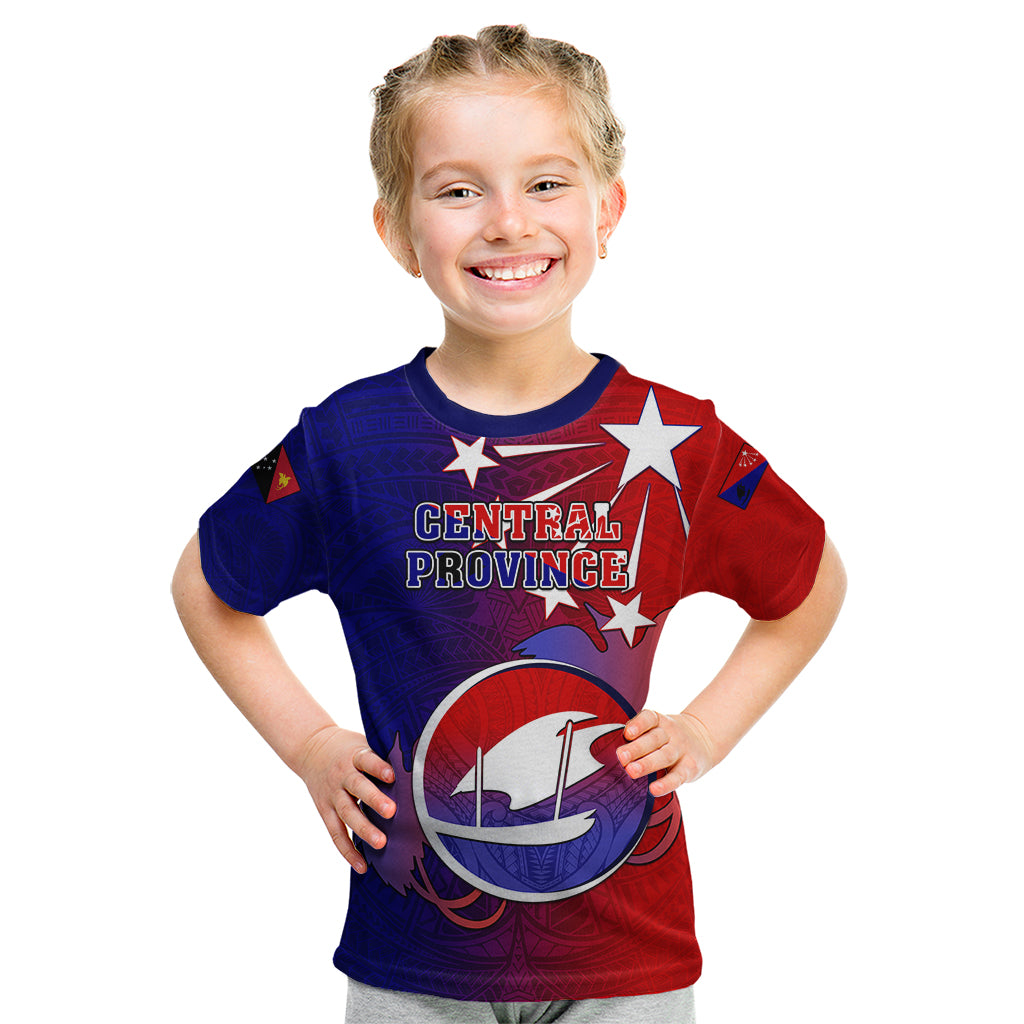 Personalized Papua New Guinea Central Province Kid T Shirt Mix Coat Of Arms Polynesian Pattern LT05 Blue - Polynesian Pride