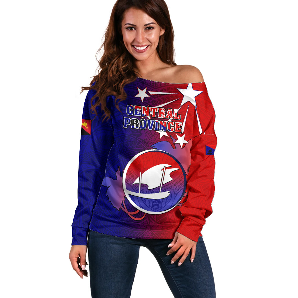 Personalized Papua New Guinea Central Province Off Shoulder Sweater Mix Coat Of Arms Polynesian Pattern LT05 Women Blue - Polynesian Pride