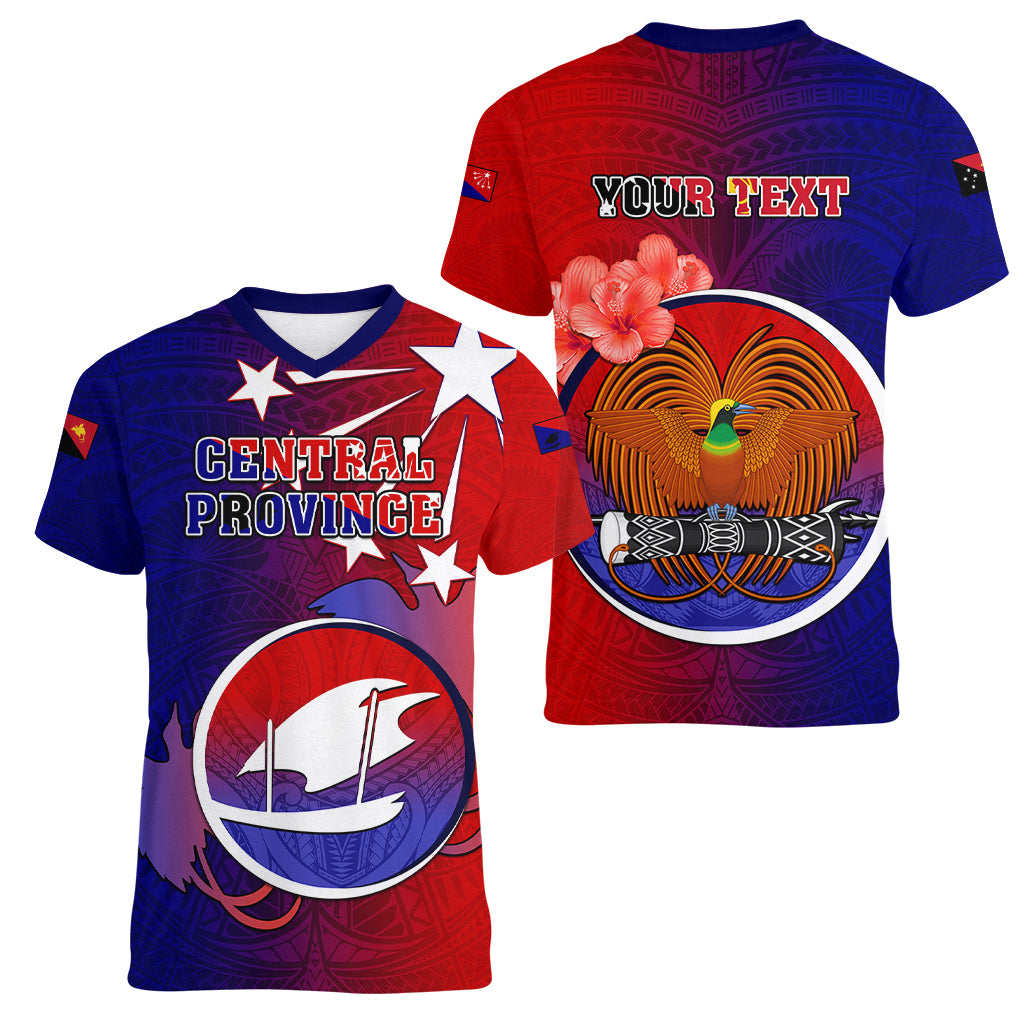 Personalized Papua New Guinea Central Province Women V Neck T Shirt Mix Coat Of Arms Polynesian Pattern LT05 - Polynesian Pride