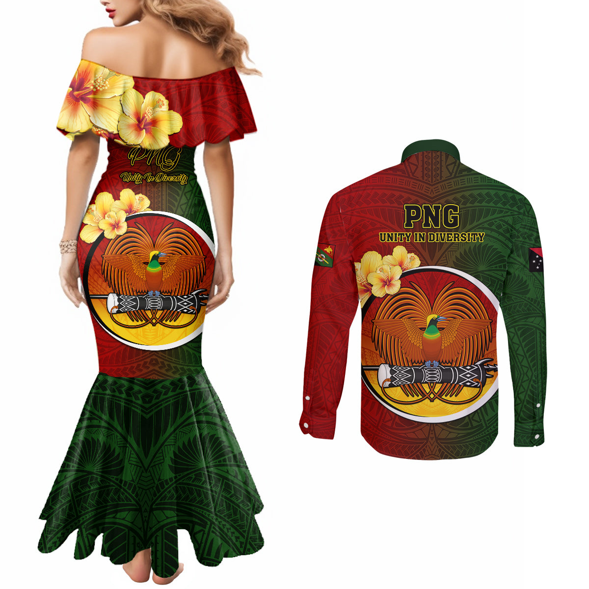 Papua New Guinea Chimbu Province Couples Matching Mermaid Dress and Long Sleeve Button Shirts Mix Coat Of Arms Polynesian Pattern LT05 - Polynesian Pride