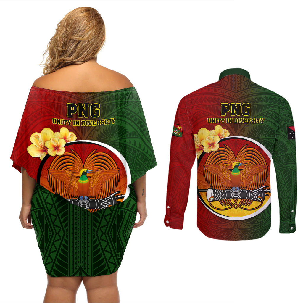Papua New Guinea Chimbu Province Couples Matching Off Shoulder Short Dress and Long Sleeve Button Shirts Mix Coat Of Arms Polynesian Pattern LT05 - Polynesian Pride