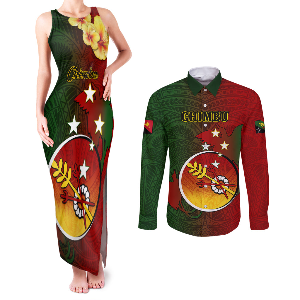 Papua New Guinea Chimbu Province Couples Matching Tank Maxi Dress and Long Sleeve Button Shirts Mix Coat Of Arms Polynesian Pattern LT05 Red - Polynesian Pride