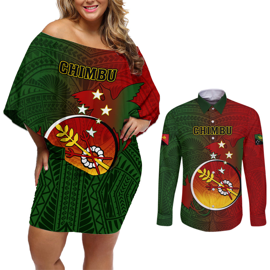 Personalized Papua New Guinea Chimbu Province Couples Matching Off Shoulder Short Dress and Long Sleeve Button Shirts Mix Coat Of Arms Polynesian Pattern LT05 Red - Polynesian Pride