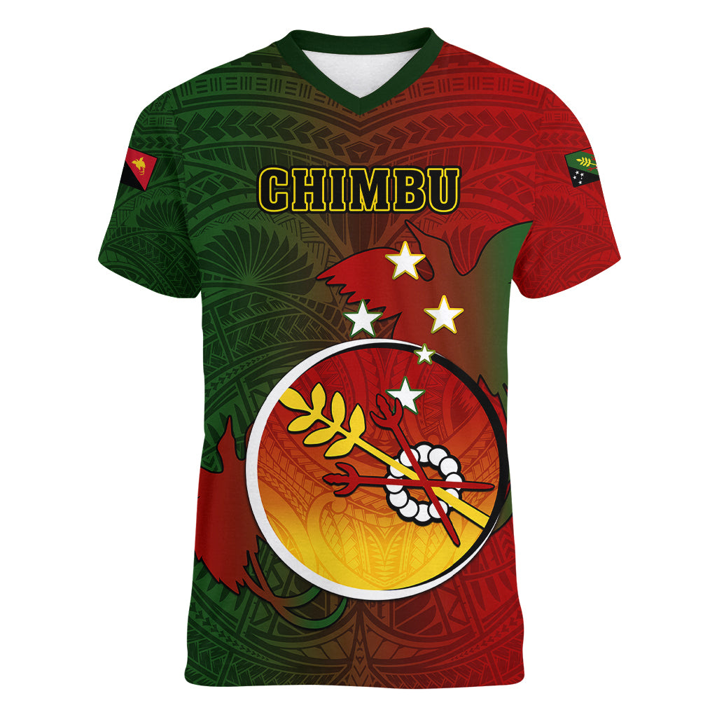 Personalized Papua New Guinea Chimbu Province Women V Neck T Shirt Mix Coat Of Arms Polynesian Pattern LT05 Female Red - Polynesian Pride