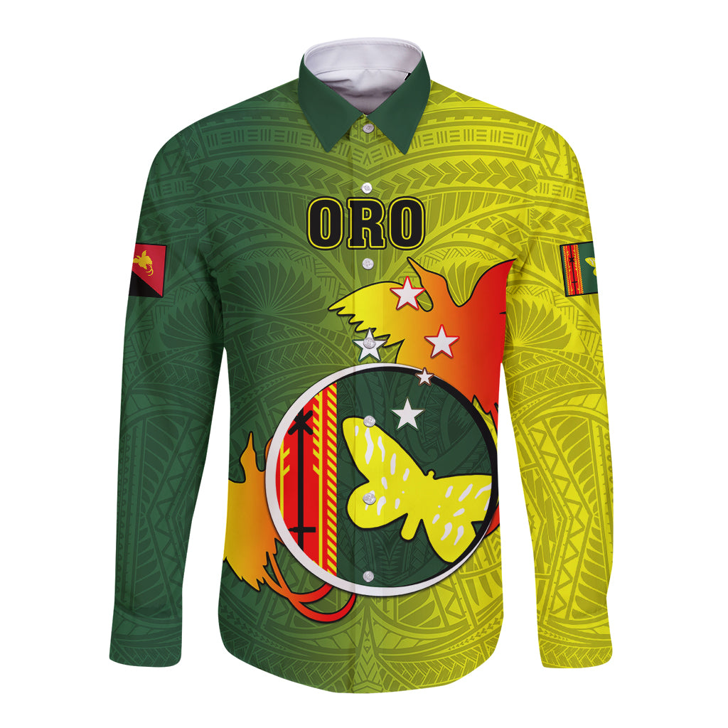 Papua New Guinea Oro Province Long Sleeve Button Shirt Mix Coat Of Arms Polynesian Pattern LT05 Unisex Yellow - Polynesian Pride