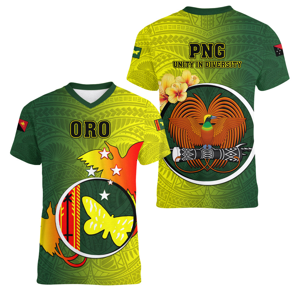Papua New Guinea Oro Province Women V Neck T Shirt Mix Coat Of Arms Polynesian Pattern LT05 - Polynesian Pride