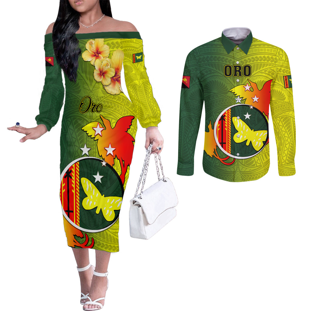 Personalized Papua New Guinea Oro Province Couples Matching Off The Shoulder Long Sleeve Dress and Long Sleeve Button Shirts Mix Coat Of Arms Polynesian Pattern LT05 Yellow - Polynesian Pride