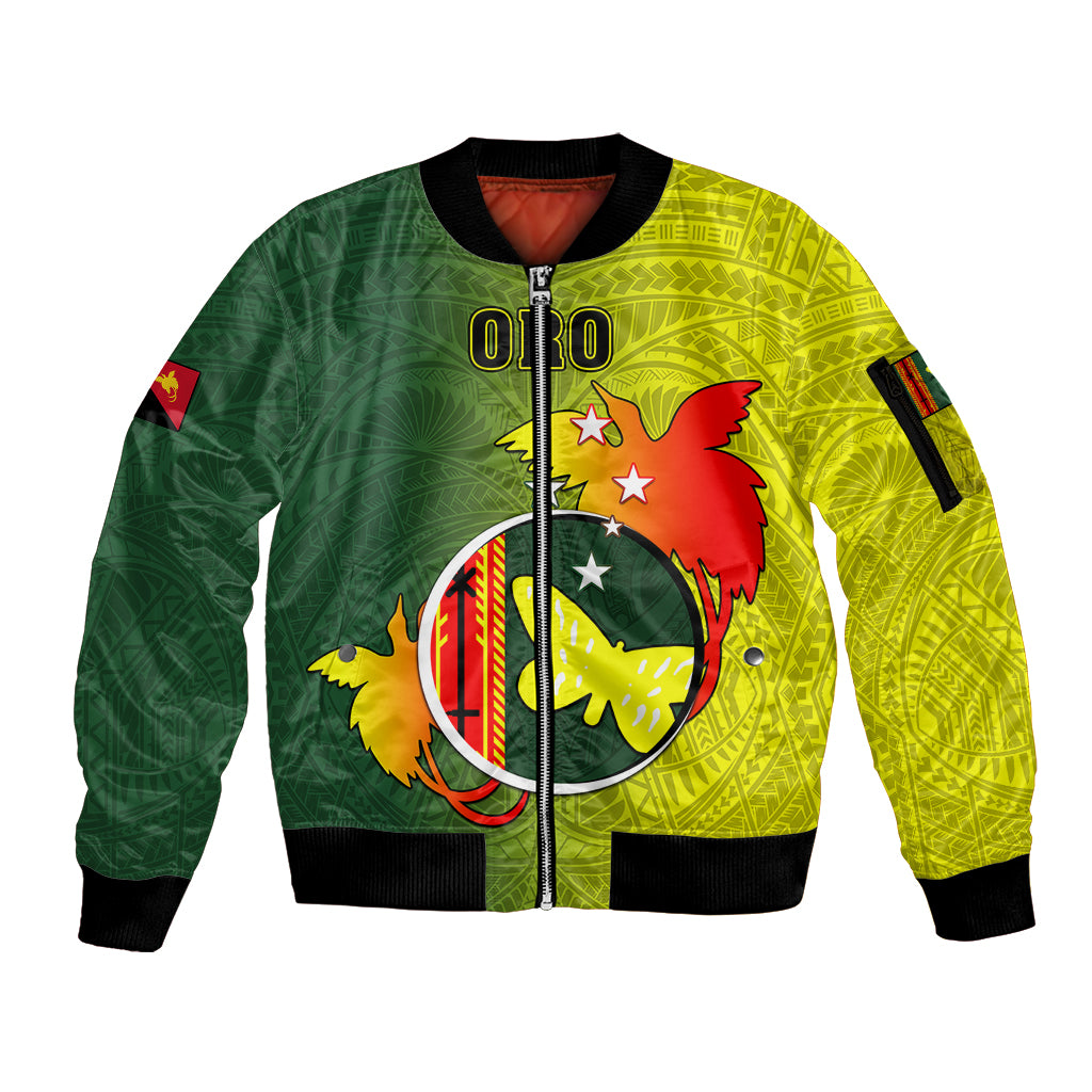 Personalized Papua New Guinea Oro Province Sleeve Zip Bomber Jacket Mix Coat Of Arms Polynesian Pattern LT05 Unisex Yellow - Polynesian Pride