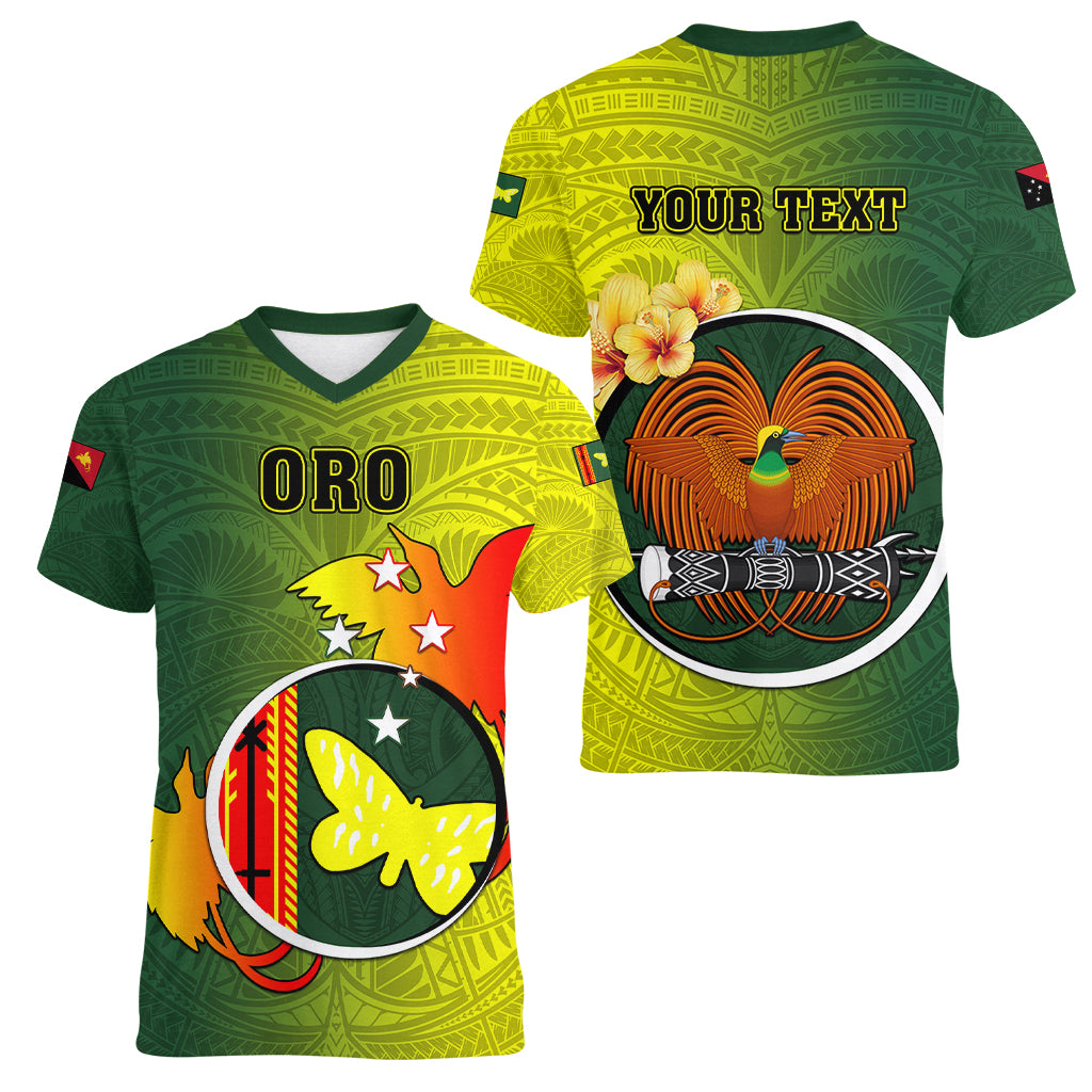 Personalized Papua New Guinea Oro Province Women V Neck T Shirt Mix Coat Of Arms Polynesian Pattern LT05 - Polynesian Pride