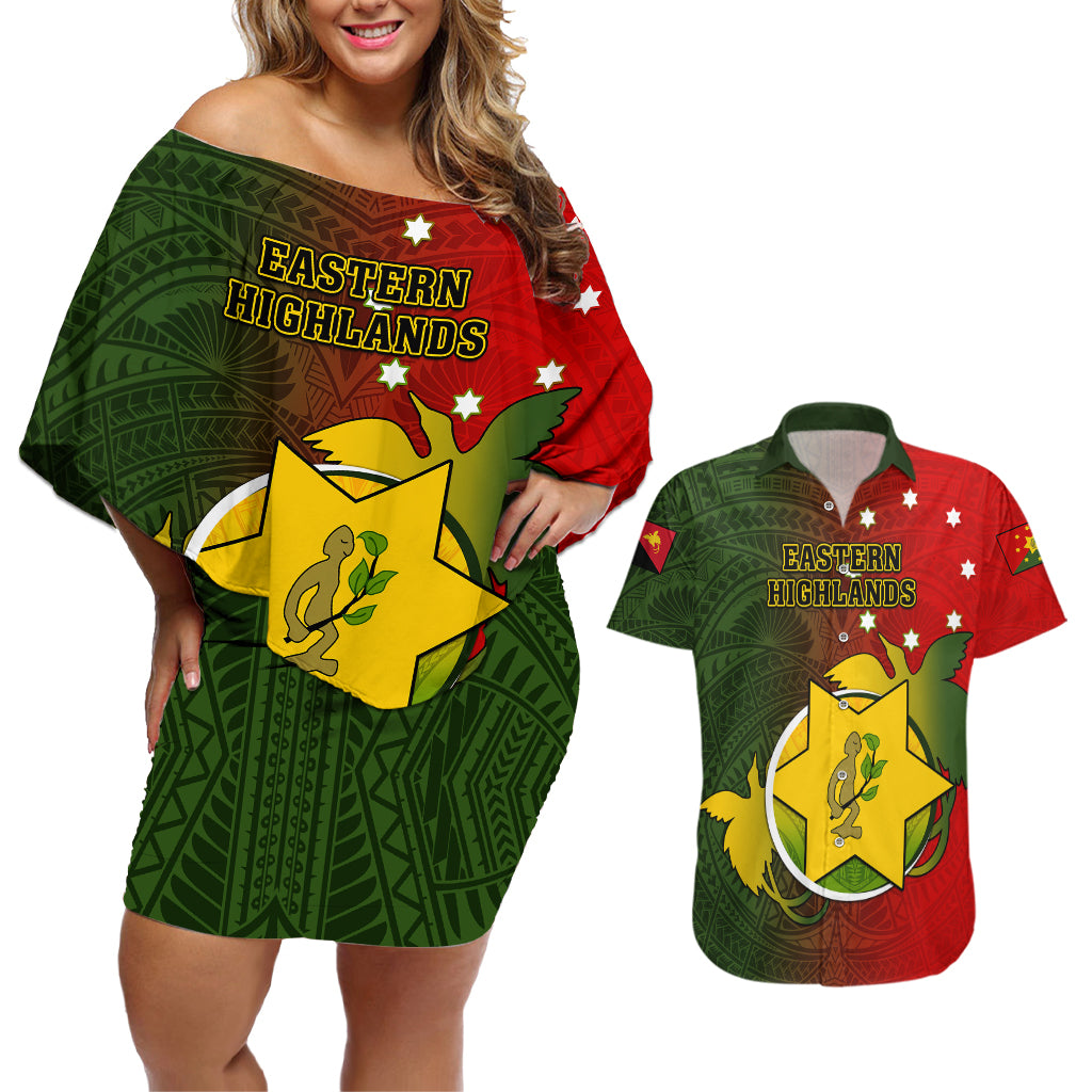Papua New Guinea Eastern Highlands Province Couples Matching Off Shoulder Short Dress and Hawaiian Shirt Mix Coat Of Arms Polynesian Pattern LT05 Red - Polynesian Pride