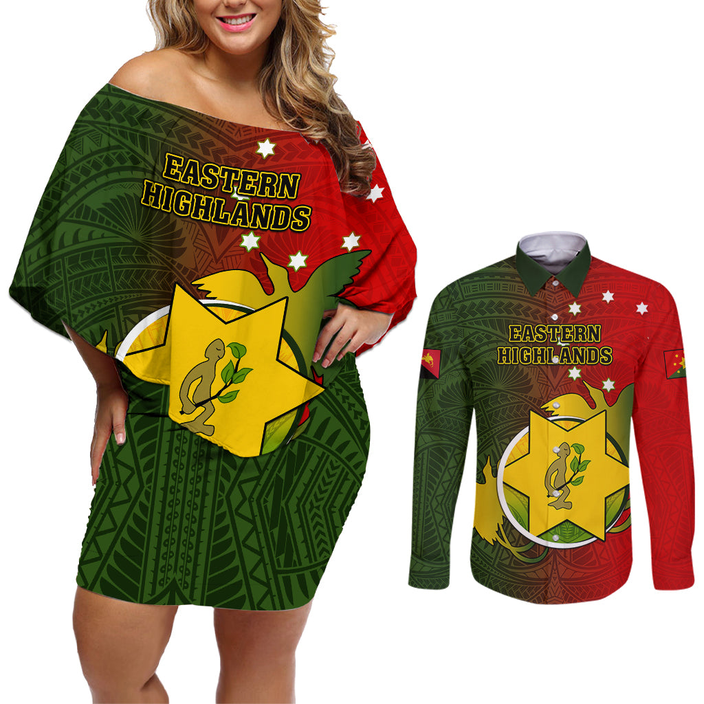 Papua New Guinea Eastern Highlands Province Couples Matching Off Shoulder Short Dress and Long Sleeve Button Shirts Mix Coat Of Arms Polynesian Pattern LT05 Red - Polynesian Pride